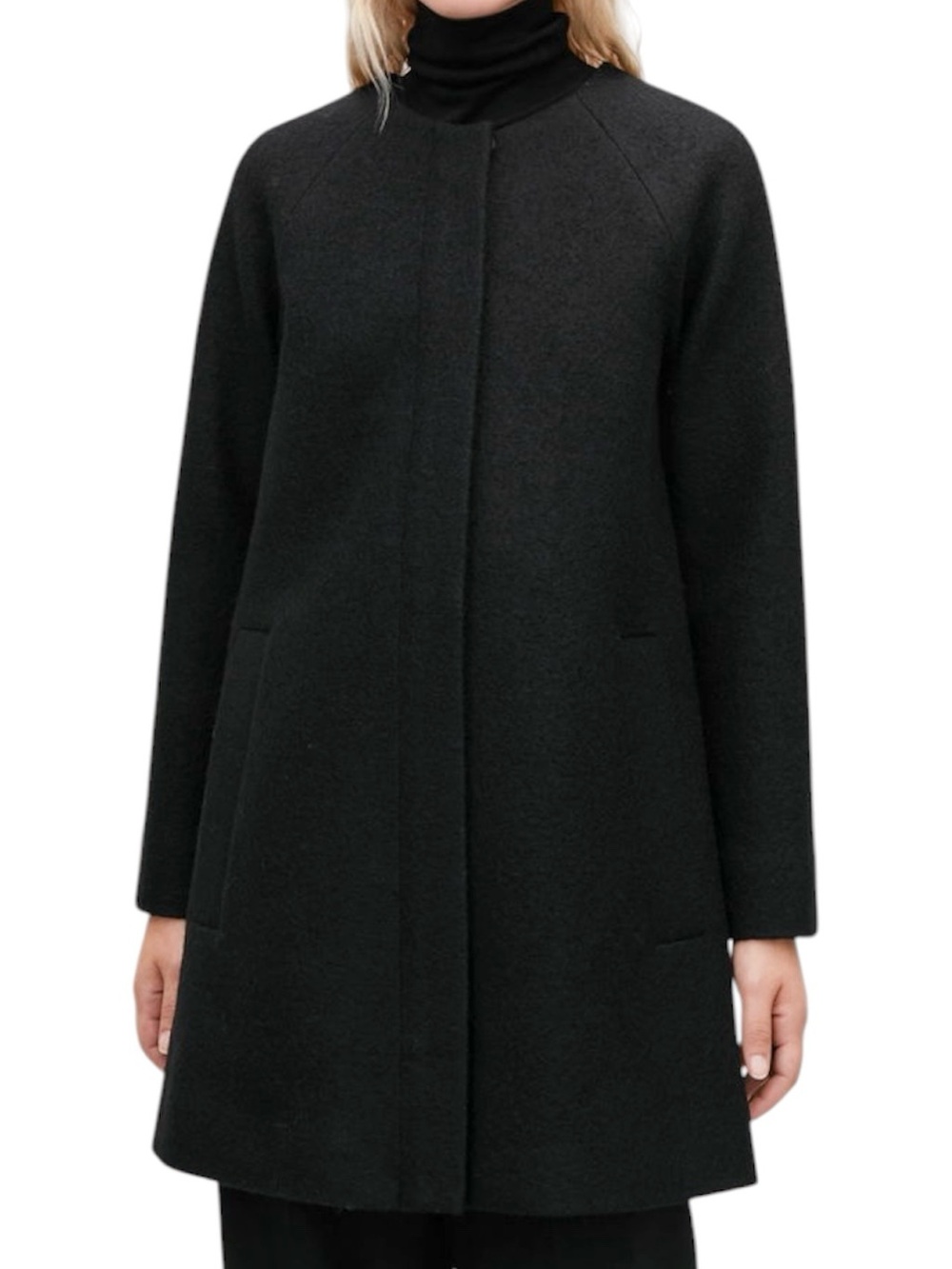COS Women’s Black 100% Wool Collarless A-Line Hidden Zip Front Coat- Size 2 - Picture 1 of 14